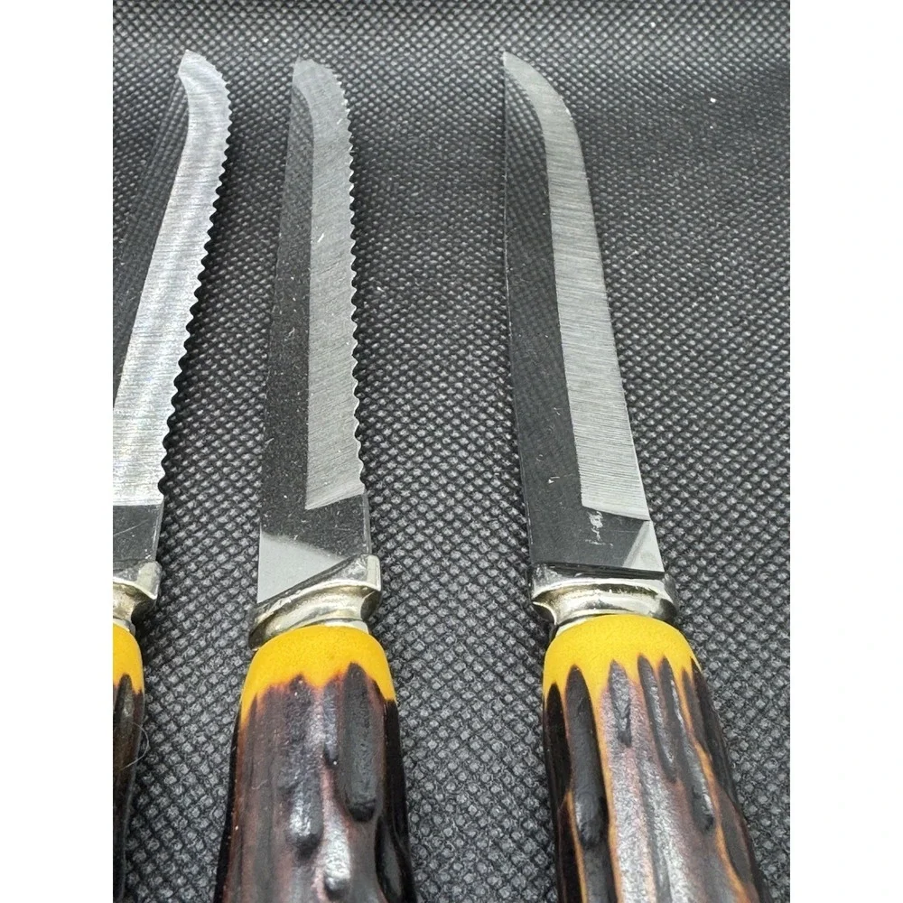 Vintage Forgecraft USA Steak Knives Set of 6 Faux Stag Drip Handle Stainless